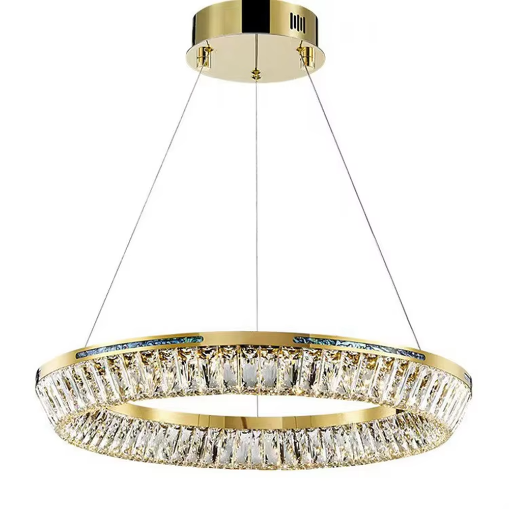Modern light luxury three-layer ring crystal chandelier, with golden metal frames and transparent crystal lampshades, the staggered suspended shape combines decorative and lighting functions, suitable for high-ceiling living rooms, villas, high-end clubs and other spaces.