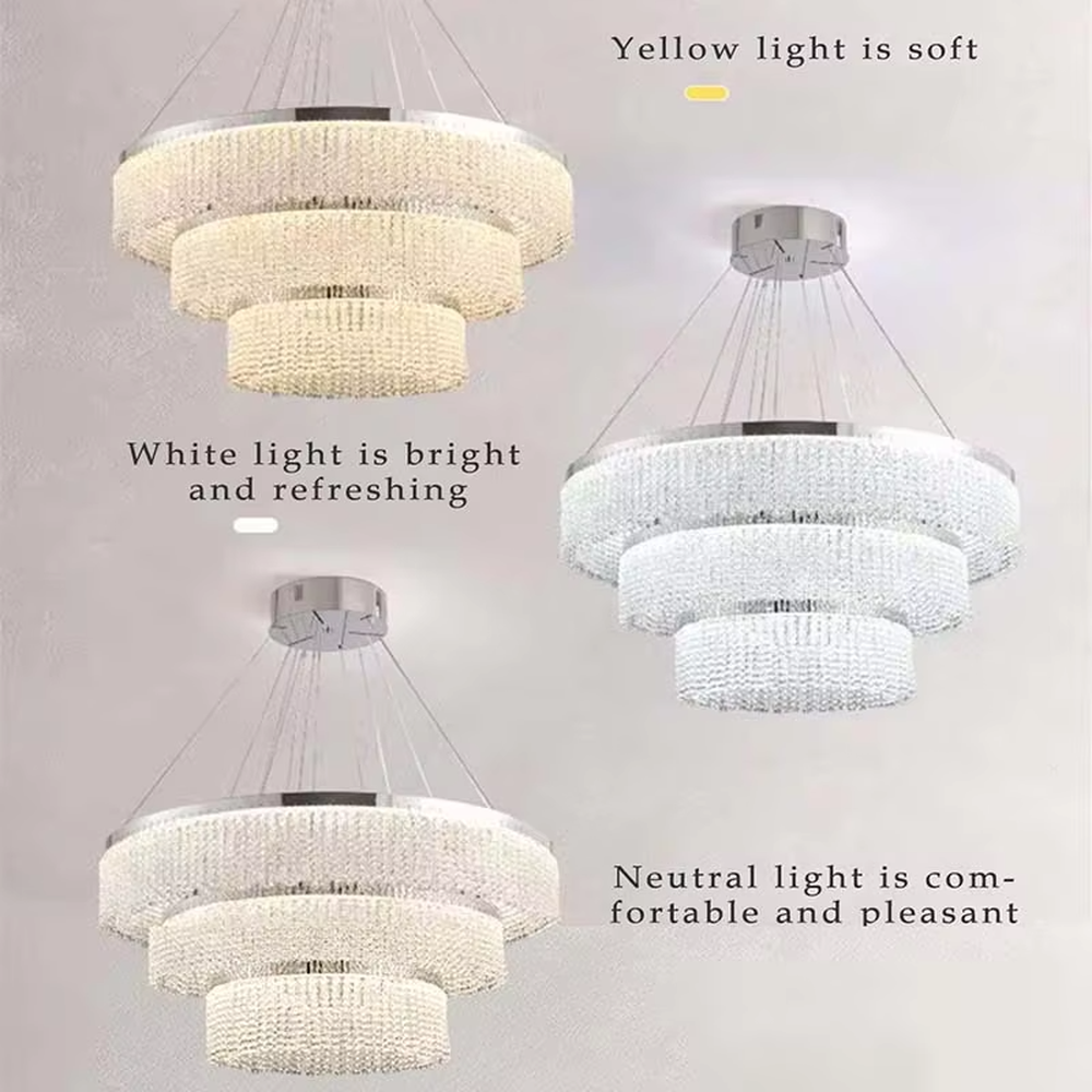 Modern light luxury double-ring spiral crystal chandelier, composed of dense crystal particles and a silver metal frame, presenting a flowing spiral shape. It emits brilliant and soft light, combining artistic decorativeness and lighting function, suitable for core lighting and atmosphere creation in living rooms, dining rooms, villa high-ceiling spaces, etc.