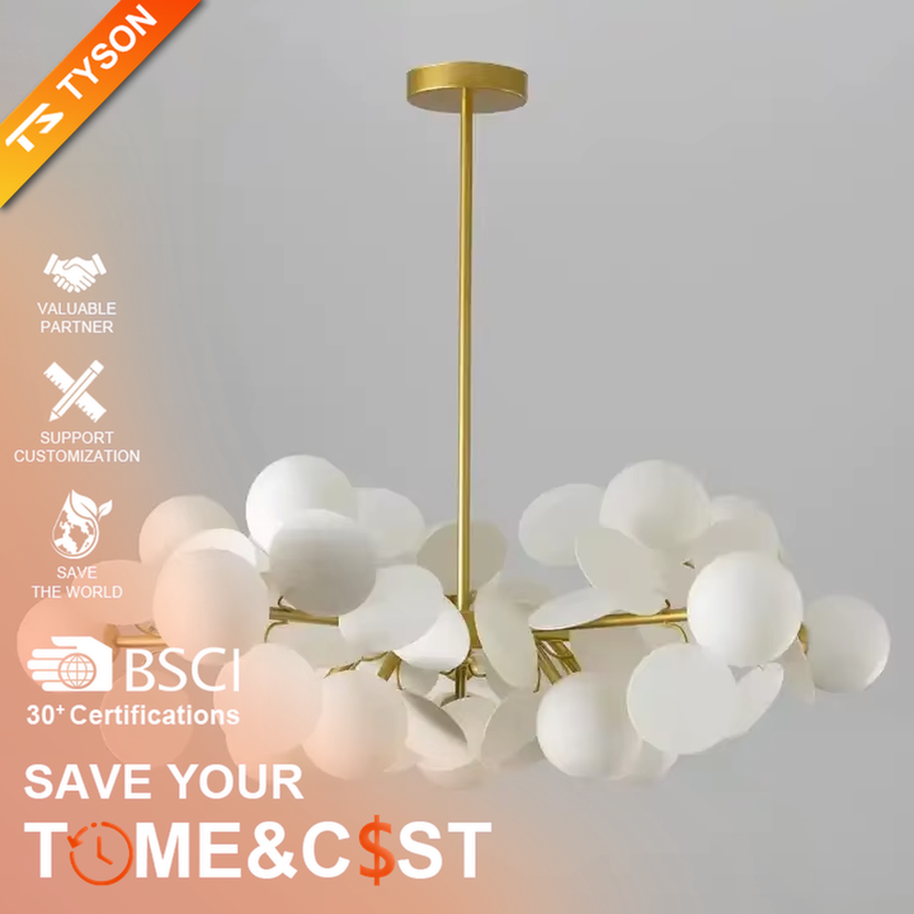 Playful macaron color bubble chandelier, with a golden metal frame paired with macaron color discs and milky white glass ball lampshades, shaped like a cluster of colorful bubbles, featuring soft and warm light, combining decorative and lighting functions, suitable for children's rooms, parent-child living rooms, early education centers and other playful style spaces.