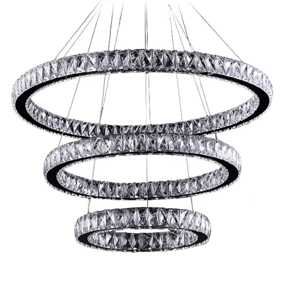 This light luxury black-gold interlaced ring crystal chandelier features a multi-layer flowing ring shape made of metal frames and crystal strips, with light refracting a brilliant halo through the crystals, serving both lighting and decorative purposes, suitable for modern light luxury spaces such as living rooms and dining rooms.