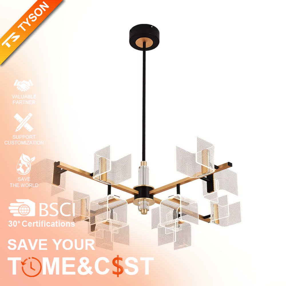 Modern light luxury geometric square chandelier, featuring a black and gold two-tone metal frame and acrylic glowing lampshades with gradient line textures, creating a layered visual effect. It is an artistic lighting fixture that combines decorative and functional lighting.