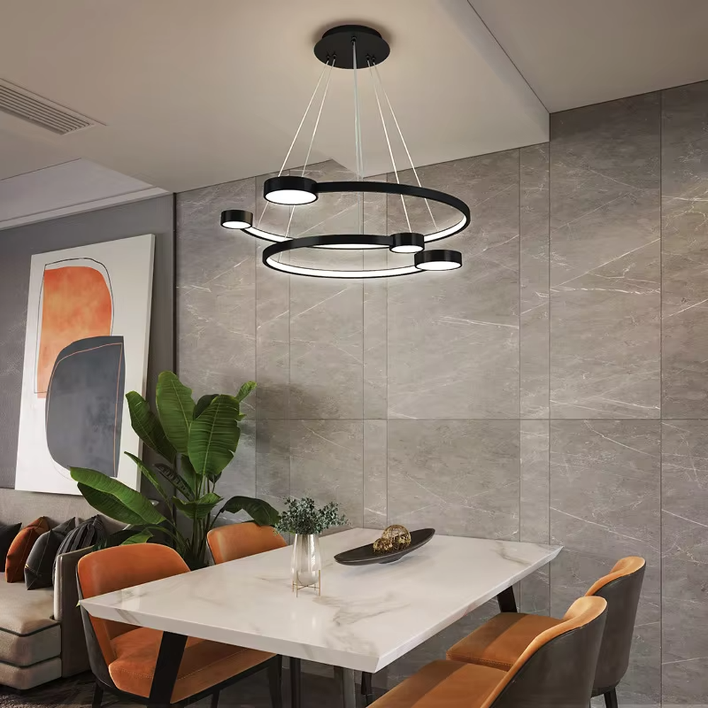 A modern light luxury multi-layer ring floating chandelier, featuring a golden metal ring structure paired with LED light strips and a bottom circular luminous panel. It has an adjustable suspension rod design, combining lighting and decorative functions, ideal for creating an elegant and high-end space atmosphere.