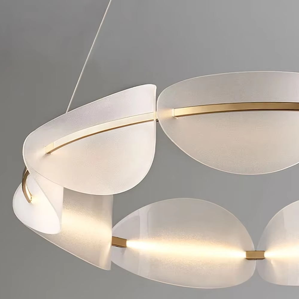 Modern light luxury ring petal chandelier, crafted with frosted acrylic petal-shaped lampshades and accented with gold metal lines. It emits soft and even light, combining artistry and ambiance, making it a decorative lighting fixture that elevates the space's style.