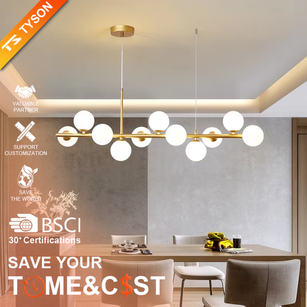 Modern minimalist long strip molecular ball chandelier, with a black and gold metal long rod and milky white glass ball lampshades, featuring a flexible and lightweight linear molecular structure, soft and uniform light, combining decorative and lighting functions, suitable for dining rooms, bars, living rooms and other modern style spaces.