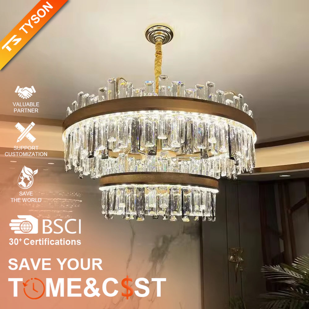 This light luxury black-gold double-layer round crystal chandelier features a black metal frame with crystal strips on the upper layer, and a gold frame with hanging faceted crystals on the lower layer. Light refracts through the crystals to emit a brilliant glow, serving both lighting and decorative purposes, suitable for modern light luxury spaces such as living rooms and dining rooms.