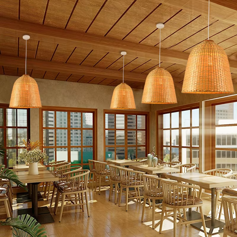 This new Chinese-style bamboo woven hemisphere chandelier is made of natural bamboo strips woven into a hollow hemisphere shape. Warm light refracts through the bamboo texture to emit a soft halo, serving both lighting and decorative purposes, suitable for natural-style spaces such as restaurants and homestays.