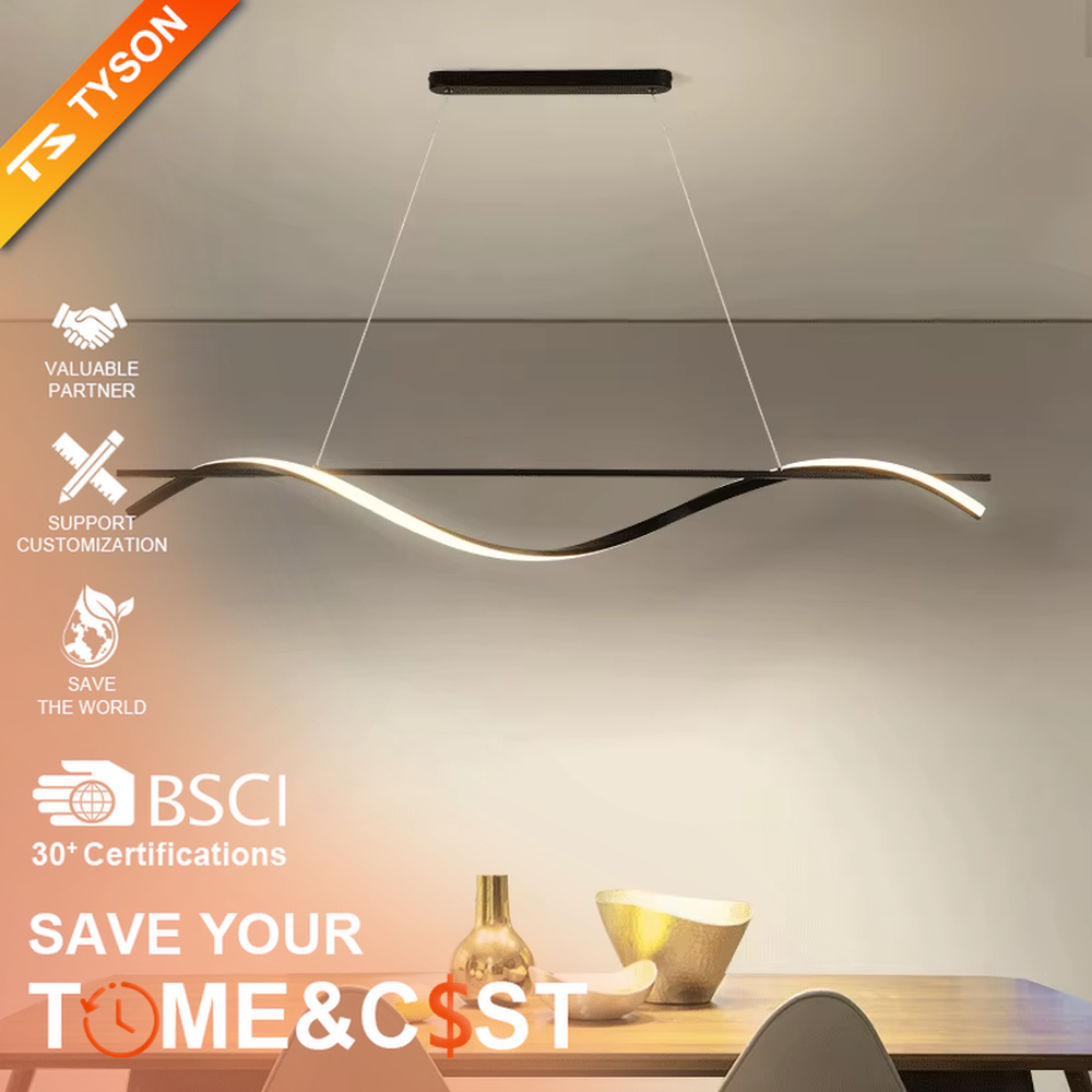 A modern minimalist wave-shaped linear LED chandelier, featuring a black metal frame with built-in soft LED strips, shaped like flowing water wave lines, combining lighting and decorative functions, ideal for creating a minimalist and sophisticated space atmosphere.