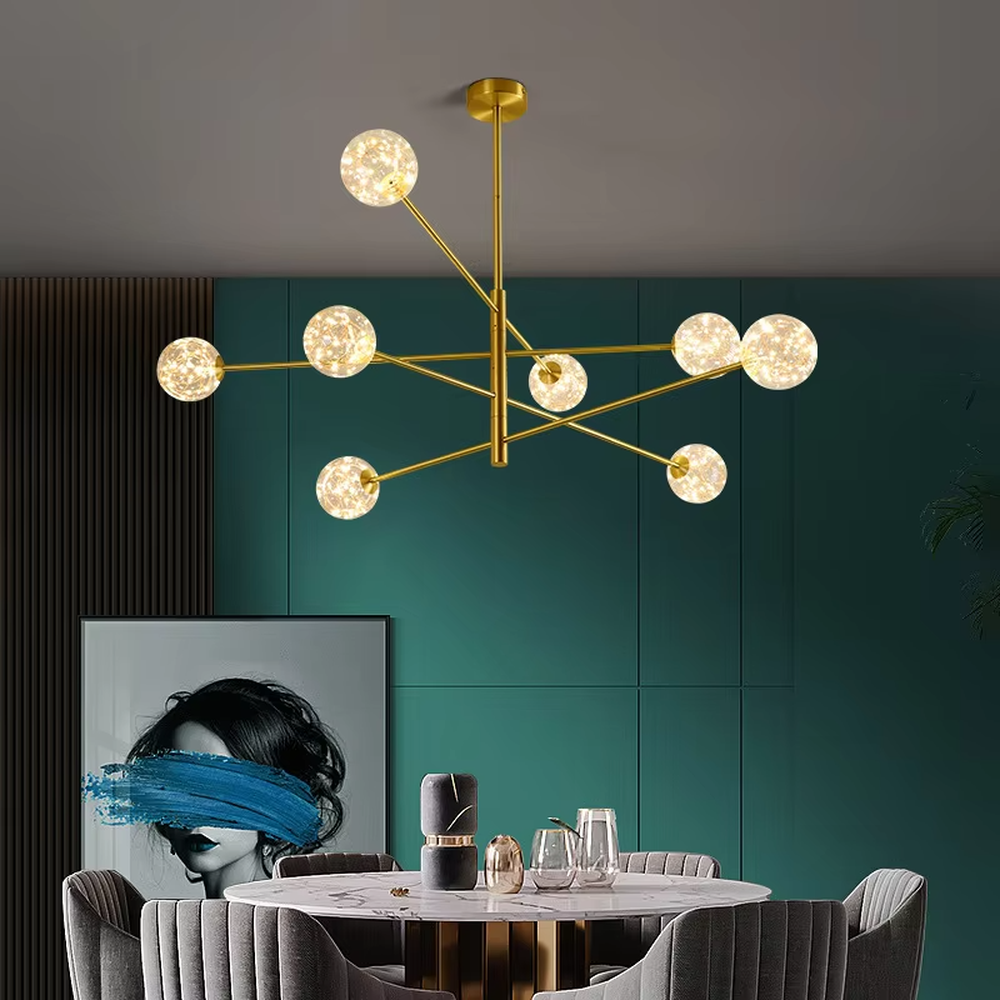 Modern light luxury starry sky molecular ball chandelier, with golden metal branch frame paired with starry sky effect glass ball lampshades, shaped like interstellar molecular clusters, featuring brilliant and soft light, combining decorative and lighting functions, suitable for living rooms, dining rooms, light luxury style spaces.