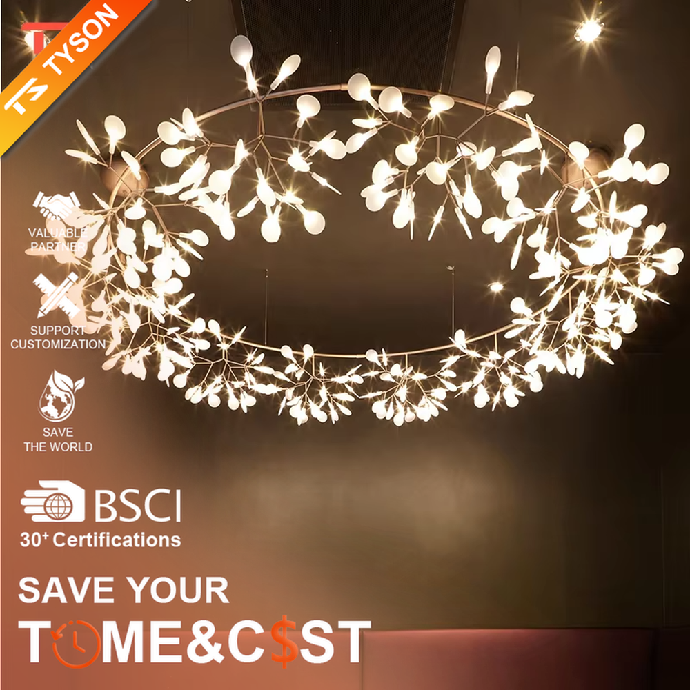 A modern light luxury style firefly branch chandelier, featuring a bionic branch frame made of gold metal, paired with multiple white light-emitting points, shaped like fireflies perched on branches on a summer night. It emits a soft and dynamic glow when lit, combining decorative appeal with practical illumination, ideal for creating a romantic and healing space atmosphere.