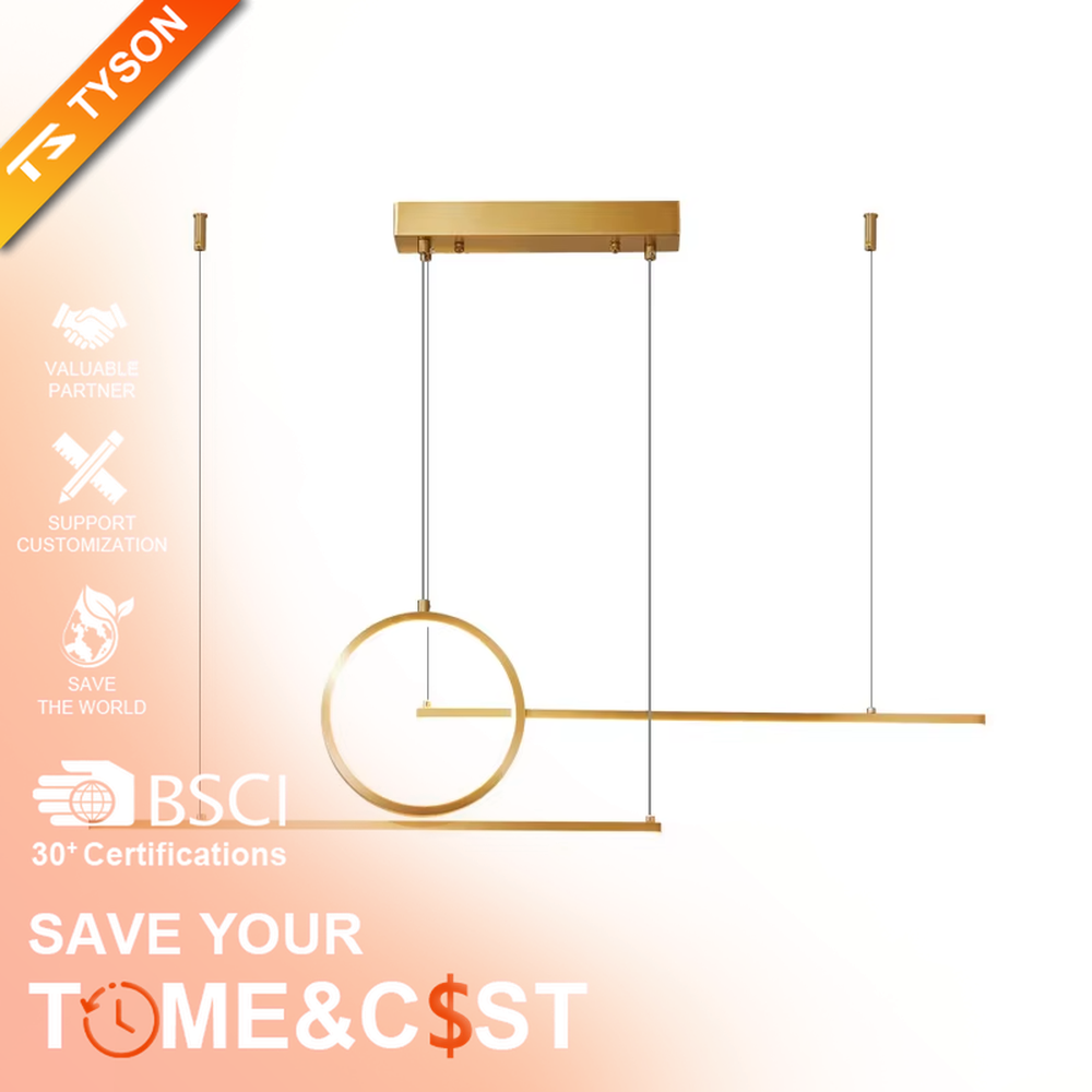 A modern minimalist and new Chinese style geometric linear chandelier, featuring a gold metal frame composed of a circle and two straight lines, with built-in LED strips. It emits a soft and uniform glow when lit, combining decorative appeal with practical illumination, ideal for creating a minimalist and Zen space atmosphere.