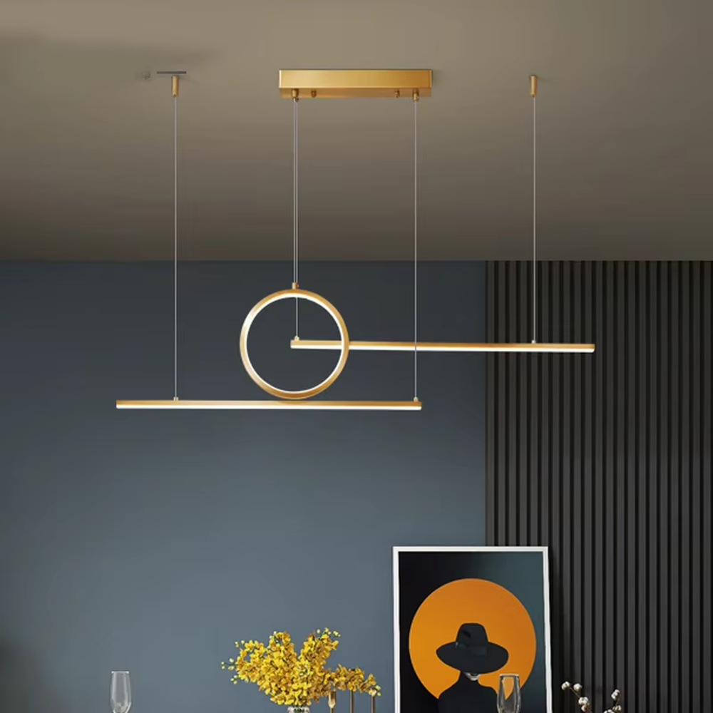 A modern minimalist and new Chinese style geometric linear chandelier, featuring a gold metal frame composed of a circle and two straight lines, with built-in LED strips. It emits a soft and uniform glow when lit, combining decorative appeal with practical illumination, ideal for creating a minimalist and Zen space atmosphere.