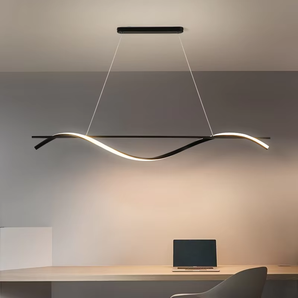 A modern minimalist wave-shaped linear LED chandelier, featuring a black metal frame with built-in soft LED strips, shaped like flowing water wave lines, combining lighting and decorative functions, ideal for creating a minimalist and sophisticated space atmosphere.
