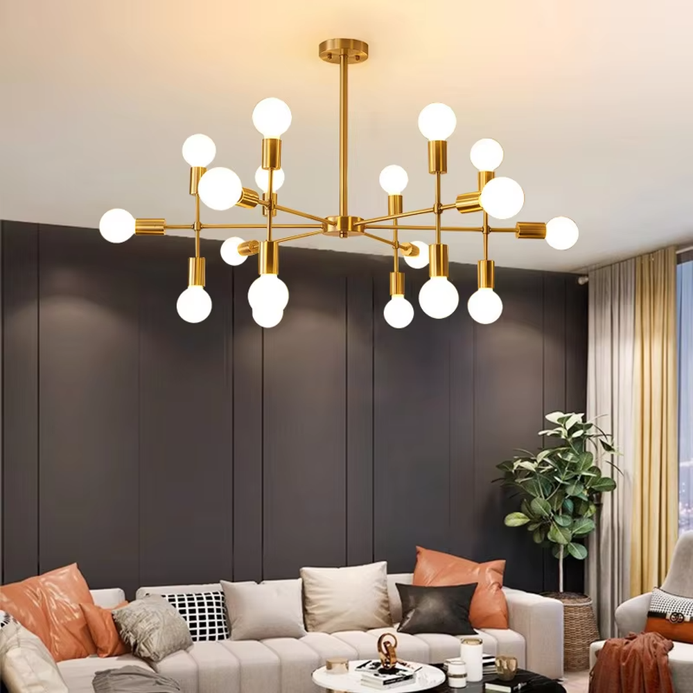 Modern light luxury molecular structure chandelier, with golden metal branches and milky white glass ball lampshades, the shape is flexible like interstellar molecules, featuring soft and uniform light, combining decorative and lighting functions, suitable for living rooms, dining rooms, light luxury style spaces.