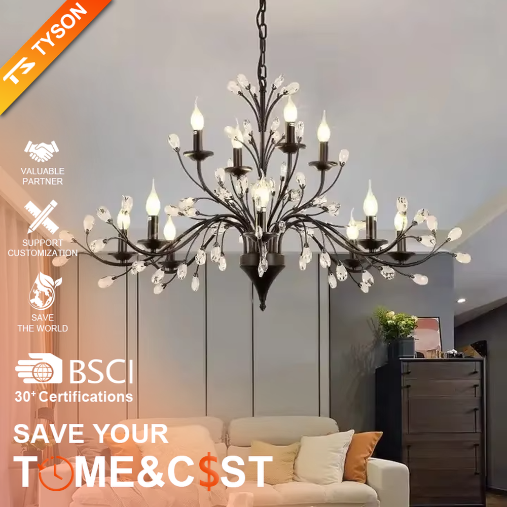 A modern light luxury and retro combined branch chandelier, featuring an extended multi-layer branch structure made of dark brown metal, adorned with crystal particles and candle-shaped bulbs. It emits a brilliant yet soft glow when lit, combining decorative appeal with practical illumination, ideal for creating a romantic and sophisticated space atmosphere.
