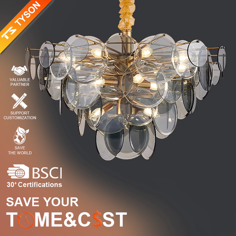 Modern light luxury gradient glass sheet chandelier, with a golden metal frame paired with transparent and gradient gray round glass sheets, stacked into a transparent and gorgeous bubble shape, combining decorative and lighting functions, suitable for dining rooms, living rooms, high-end clubs and other light luxury style spaces.