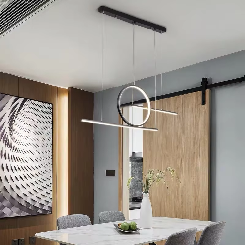 A modern minimalist and new Chinese style geometric linear chandelier, featuring a gold metal frame composed of a circle and two straight lines, with built-in LED strips. It emits a soft and uniform glow when lit, combining decorative appeal with practical illumination, ideal for creating a minimalist and Zen space atmosphere.