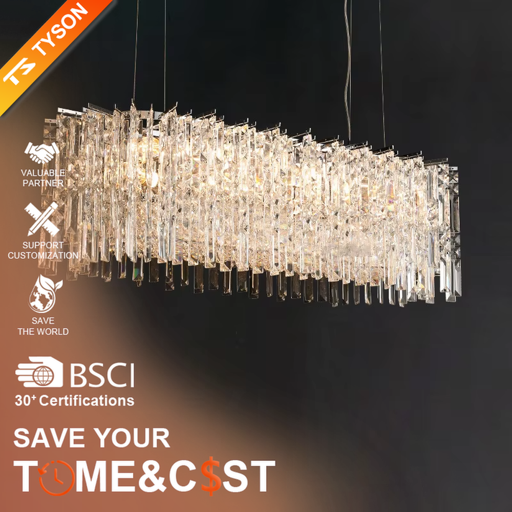 Modern light luxury rectangular multi-layer crystal chandelier, with a metal frame and layered transparent crystal strips, featuring bright and soft light, combining decorative and lighting functions, suitable for dining rooms, living rooms, high-end clubs and other modern style spaces.