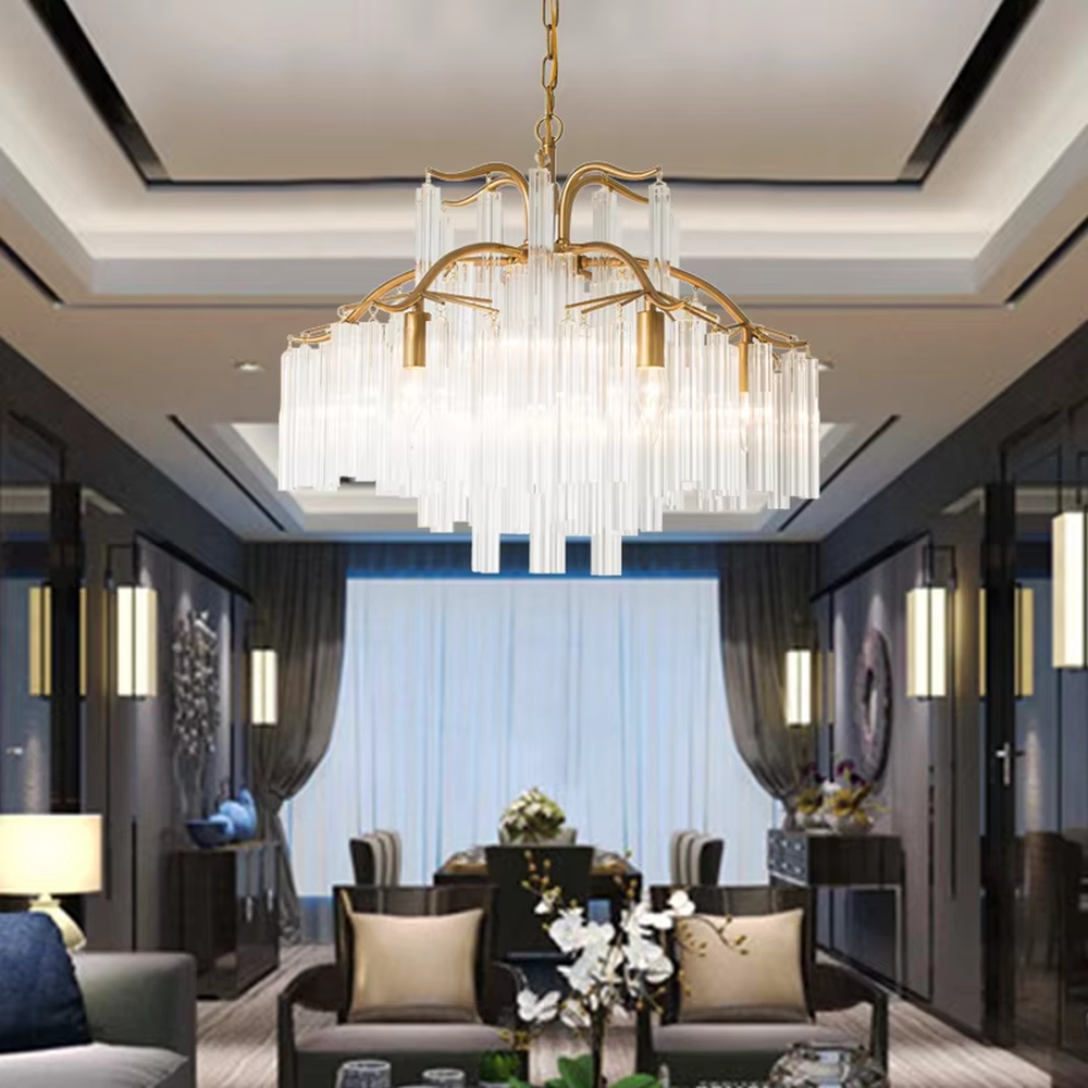 This light luxury golden branch cloud waterfall chandelier features a cloud shape made of golden branch-like metal frames and transparent crystal strips, with light refracting a soft halo through the crystals, serving both lighting and decorative purposes, suitable for modern light luxury spaces such as living rooms and dining rooms.