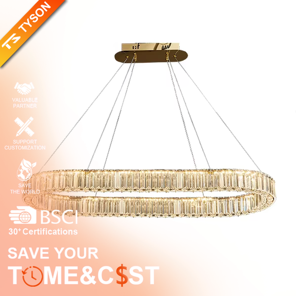 This is a light luxury three-ring interlaced crystal chandelier, with a gold metal frame inlaid with high-transparency crystal strips, presenting a dynamic ring interlaced shape, with brilliant and soft light, both decorative and lighting functions, ideal for high-end indoor spaces such as dining rooms and living rooms.