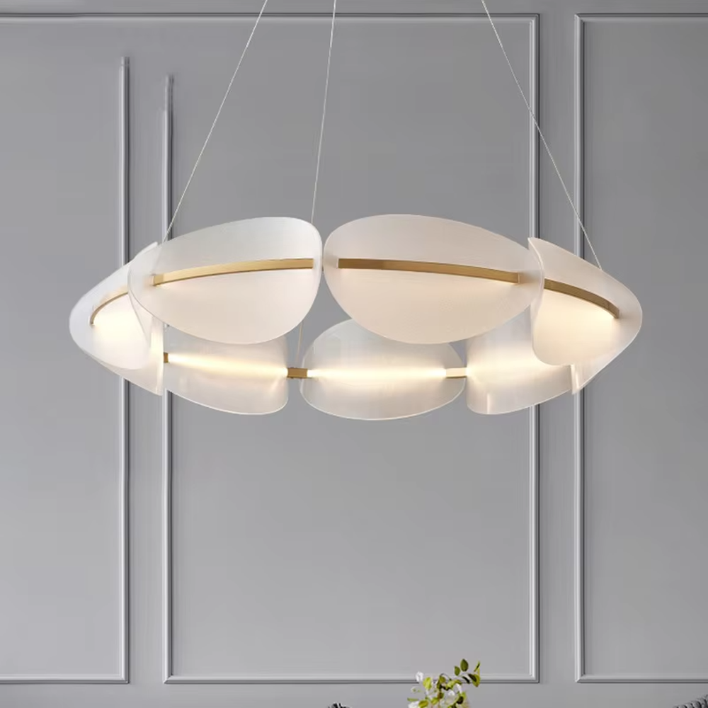 A modern light luxury style circular petal chandelier, featuring a double-layer milky white frosted acrylic main body with gold metal strip decorations and built-in LED strips. It emits a soft and warm glow when lit, combining decorative appeal with practical illumination, ideal for creating an elegant and gentle space atmosphere.