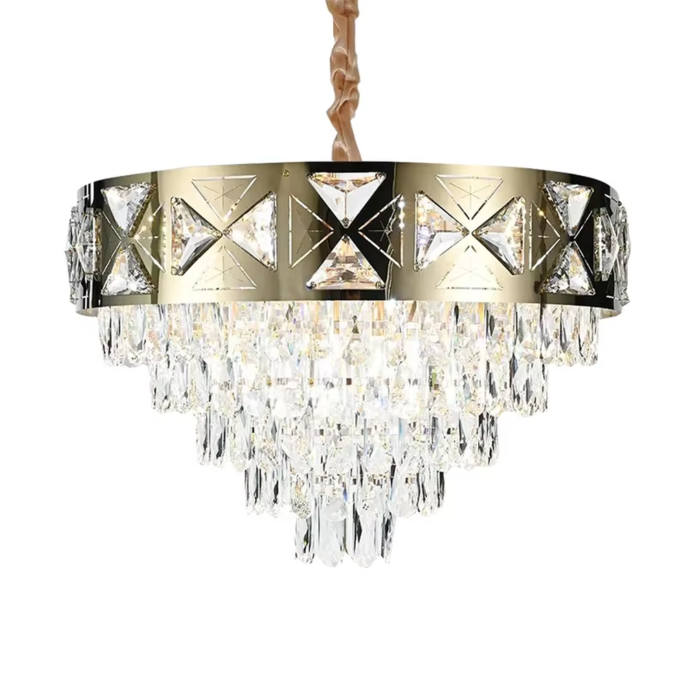This is a luxurious round crystal chandelier, with a gold metal frame inlaid with cut crystal decorations, and cascading crystal strips hanging below, featuring brilliant and soft light, both decorative and lighting functions, ideal for high-end indoor spaces such as living rooms and dining rooms.