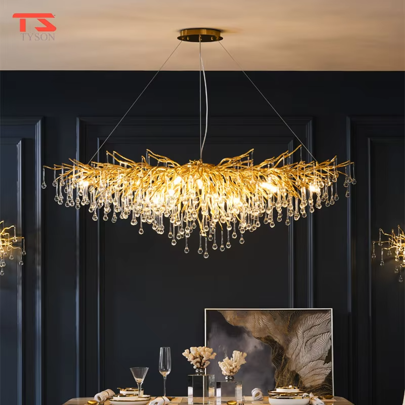 Modern light luxury branch-shaped crystal drop chandelier, with a gold bionic branch metal frame paired with cascading crystal drop pendants, emitting brilliant and luxurious light, combining artistic decorativeness and lighting function, suitable for core lighting and atmosphere creation in spaces such as living rooms, dining rooms, and villas.