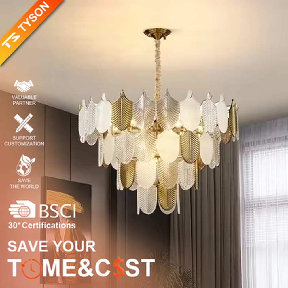 This modern light luxury leaf art chandelier is composed of gold and transparent leaf-shaped ornaments arranged in staggered layers, presenting a light and elegant shape like spreading feathers. Light refracts through the ornaments to emit a soft and transparent halo, serving both lighting and decorative purposes, suitable for modern light luxury style spaces such as living rooms and dining rooms.
