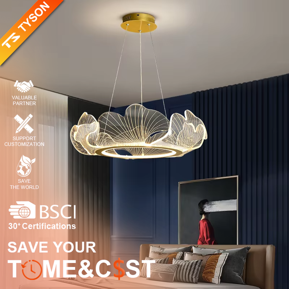 A new Chinese light luxury style ring chandelier, inspired by ginkgo leaves, crafted with a metal frame and translucent ginkgo leaf-shaped panels. It emits a soft and warm glow when lit, combining artistic decoration with lighting functionality, ideal for creating an elegant and poetic space atmosphere.