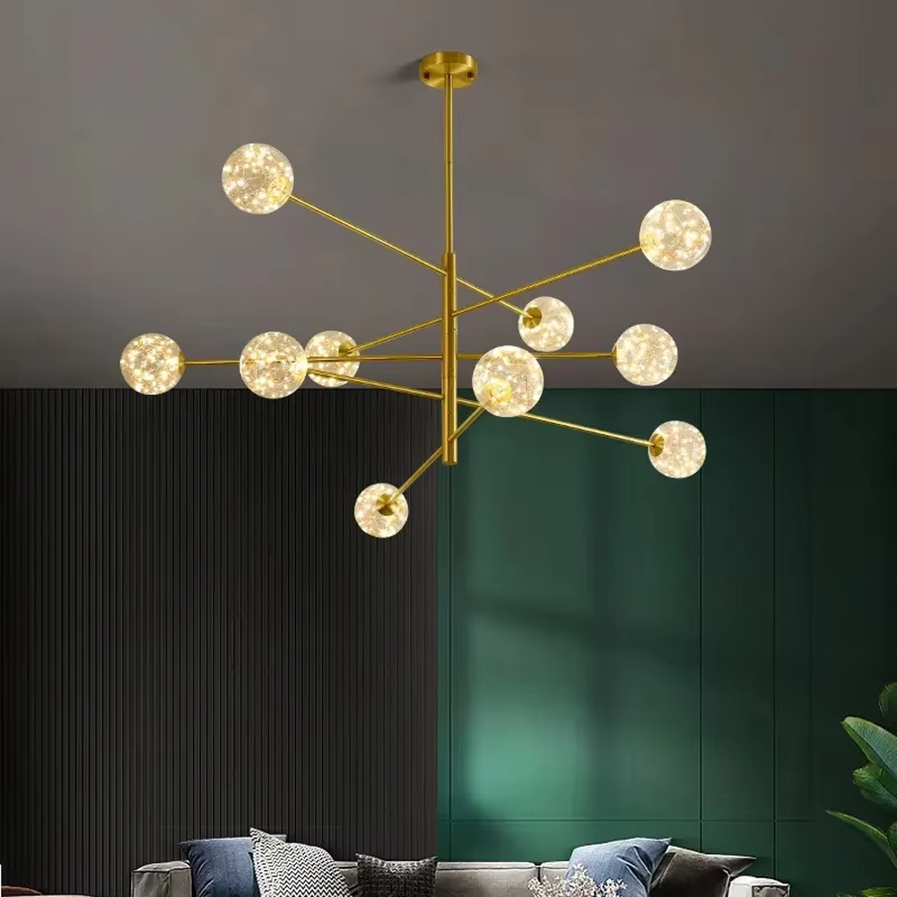 Modern light luxury starry sky molecular ball chandelier, with golden metal branch frame paired with starry sky effect glass ball lampshades, shaped like interstellar molecular clusters, featuring brilliant and soft light, combining decorative and lighting functions, suitable for living rooms, dining rooms, light luxury style spaces.