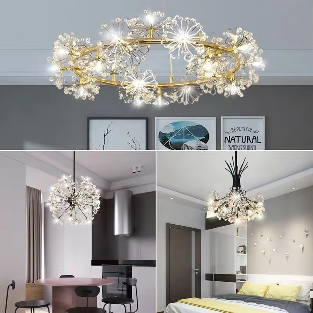 This modern artistic dandelion chandelier features a black metal branch frame, paired with transparent light-emitting lamp heads to present a visual effect of dandelion blooming. The light is soft and brilliant, serving both lighting and decorative purposes, suitable for modern minimalist or artistic style spaces such as bedrooms and living rooms.
