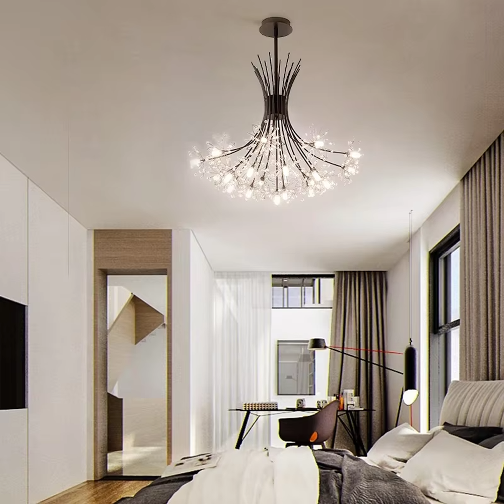 This modern artistic dandelion chandelier features a black metal branch frame, paired with transparent light-emitting lamp heads to present a visual effect of dandelion blooming. The light is soft and brilliant, serving both lighting and decorative purposes, suitable for modern minimalist or artistic style spaces such as bedrooms and living rooms.
