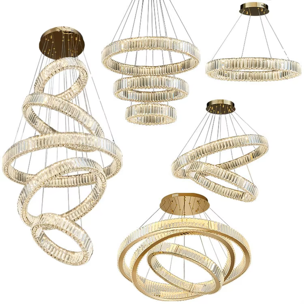 This is a light luxury three-ring interlaced crystal chandelier, with a gold metal frame inlaid with high-transparency crystal strips, presenting a dynamic ring interlaced shape, with brilliant and soft light, both decorative and lighting functions, ideal for high-end indoor spaces such as dining rooms and living rooms.