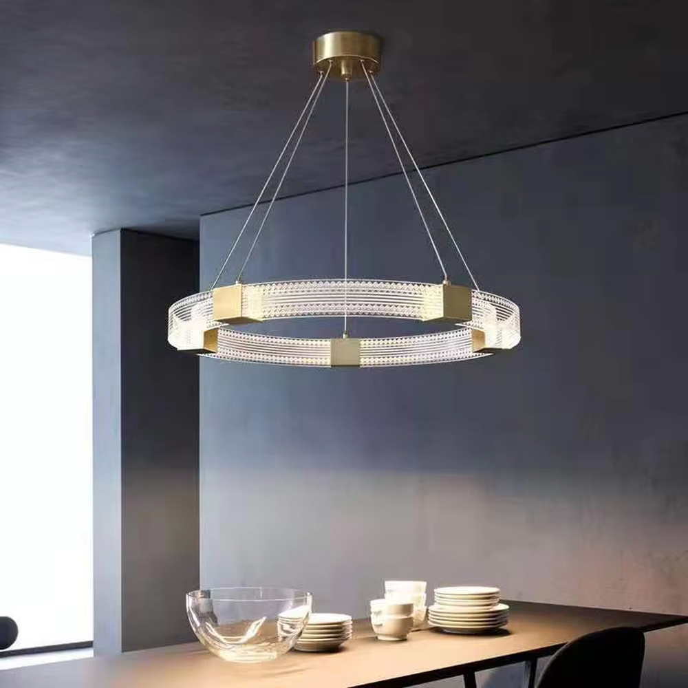 A modern light luxury style double-layer ring chandelier, decorated with gold metal squares and paired with diamond-textured transparent rings. The built-in LED strip emits a soft and brilliant glow when lit, combining decorative appeal with practical illumination, ideal for creating a high-end minimalist space atmosphere.