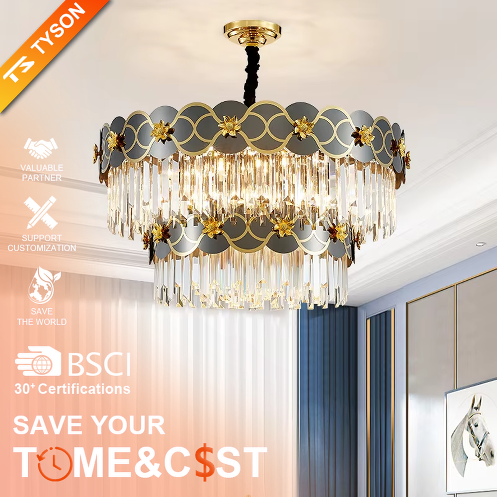 This light luxury black-gold fan-shaped crystal chandelier features a rectangular shape made of a metal frame and crystal tassels, with black-gold contrasting fan-shaped decorations adorned with golden patterns on the top. Light refracts a brilliant halo through the crystals, serving both lighting and decorative purposes, suitable for modern light luxury spaces such as dining rooms and living rooms.