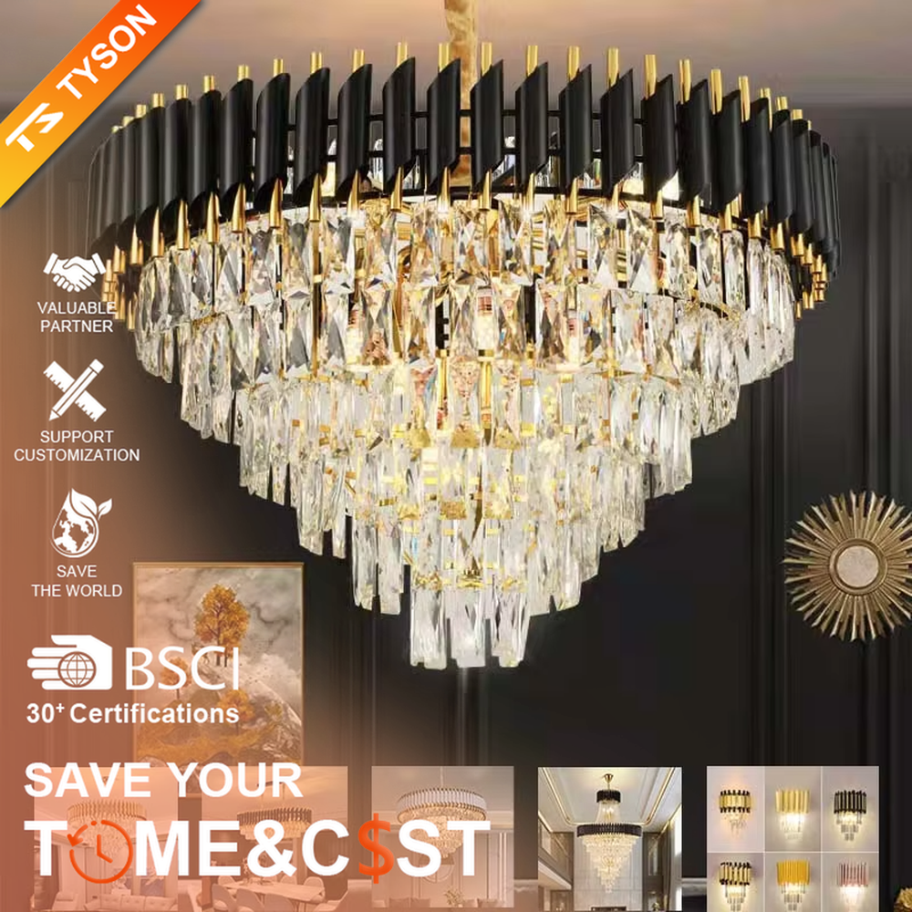 This modern light luxury linear chandelier features a black and gold contrasting metal frame paired with layered crystal pendants. Light refracts through the crystals to emit a brilliant glow, serving both lighting and decorative purposes, suitable for modern light luxury spaces such as dining rooms and villa living rooms.