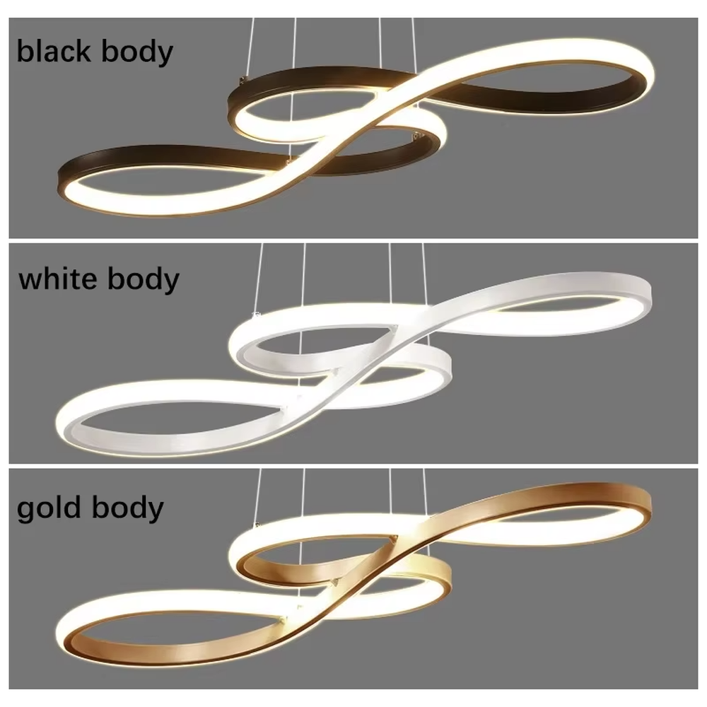 A modern light luxury style double-loop interwoven LED chandelier, featuring a smooth interwoven ring frame made of gold metal, with built-in high-brightness LED strips. It emits a soft and uniform glow when lit, combining decorative appeal with practical illumination, ideal for creating a minimalist and sophisticated space atmosphere.