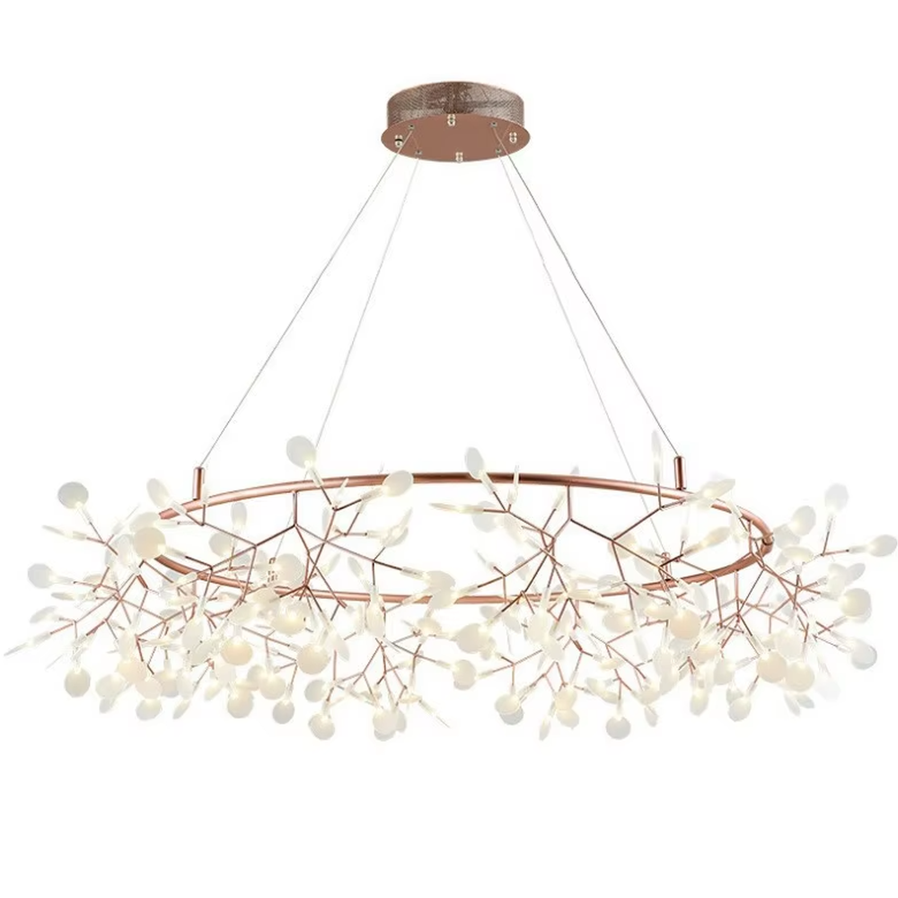 A modern light luxury style firefly branch chandelier, featuring a bionic branch frame made of gold metal, paired with multiple white light-emitting points, shaped like fireflies perched on branches on a summer night. It emits a soft and dynamic glow when lit, combining decorative appeal with practical illumination, ideal for creating a romantic and healing space atmosphere.