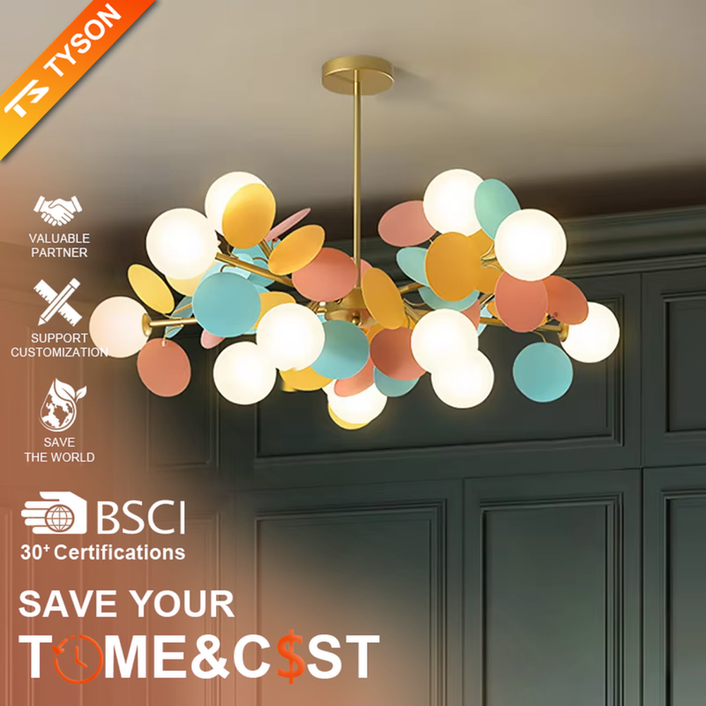 A modern art style branch chandelier, featuring a gold metal frame paired with colorful matte discs and milky white glowing spheres. It emits a soft and warm glow when lit, combining decorative appeal with practical illumination, ideal for creating a lively and soothing space atmosphere.