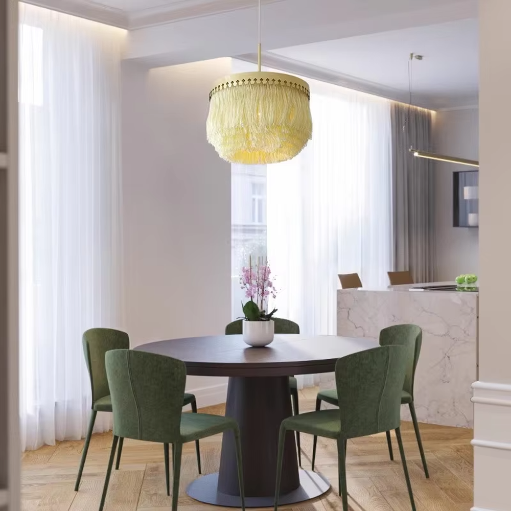 Modern light luxury multi-layer tassel chandelier, with a gold metal top ring paired with three layers of white cascading tassel lampshades, emitting soft and warm light, combining decorativeness and lighting function, suitable for core lighting and atmosphere creation in spaces such as bedrooms, dining rooms, and cloakrooms.