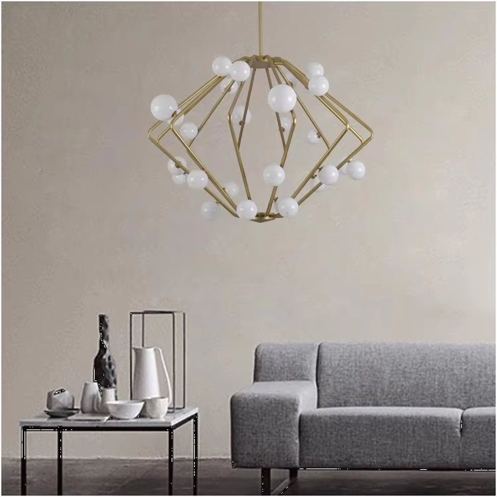 This light luxury rhombus cluster chandelier features a rhombus polyhedron frame made of gold metal, paired with white spherical lampshades, with soft and dreamy light, serving both lighting and decorative purposes, suitable for modern light luxury spaces such as living rooms and dining rooms.