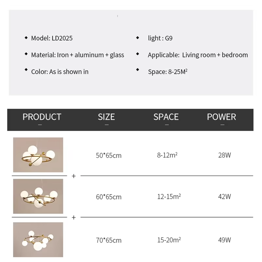 A modern light luxury style planetary orbit chandelier, featuring a gold metal ring frame paired with milky white glass glowing spheres, shaped like planets orbiting a star. It emits a soft and uniform glow when lit, combining decorative appeal with practical illumination, ideal for creating a minimalist and sophisticated space atmosphere.