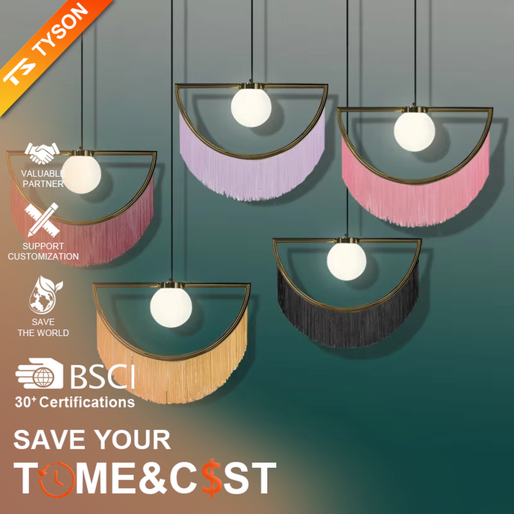 Modern minimalist semicircular tassel pendant lamp, with black-gold/pink-gold metal semicircular frames paired with semi-transparent lampshades, cascading same-color tassel decorations, built-in spherical light sources, emitting soft and warm light, combining decorativeness and lighting function, suitable for accent lighting and atmosphere creation in spaces such as bedroom nightstands, restaurant bars, and children's rooms.