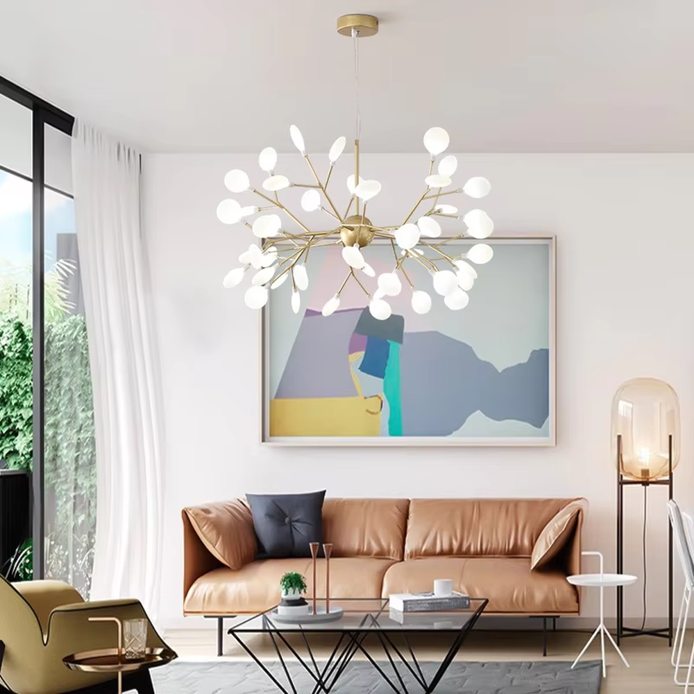 This is a modern light luxury firefly chandelier, featuring a gold metal branch structure paired with rounded soft light heads, shaped like a swarm of fireflies dancing. It emits soft and warm light, serving both lighting and artistic decoration purposes, suitable for Nordic-style living rooms, light luxury dining rooms, cozy bedrooms, internet-famous homestays and other scenarios.