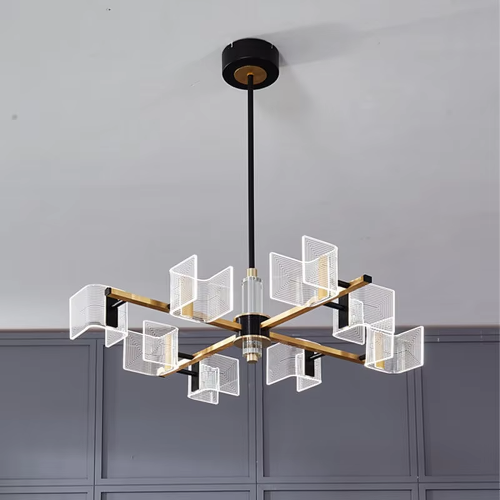 Modern light luxury geometric square chandelier, featuring a black and gold two-tone metal frame and acrylic glowing lampshades with gradient line textures, creating a layered visual effect. It is an artistic lighting fixture that combines decorative and functional lighting.