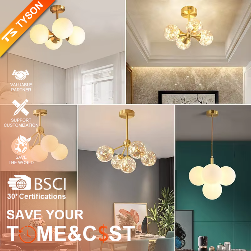 Modern minimalist molecular structure chandelier, with a golden metal frame and amber glass bubble lampshades, featuring a light and flexible appearance, combining decorative and lighting functions, suitable for living rooms, dining rooms, bedrooms and other modern minimalist style spaces.
