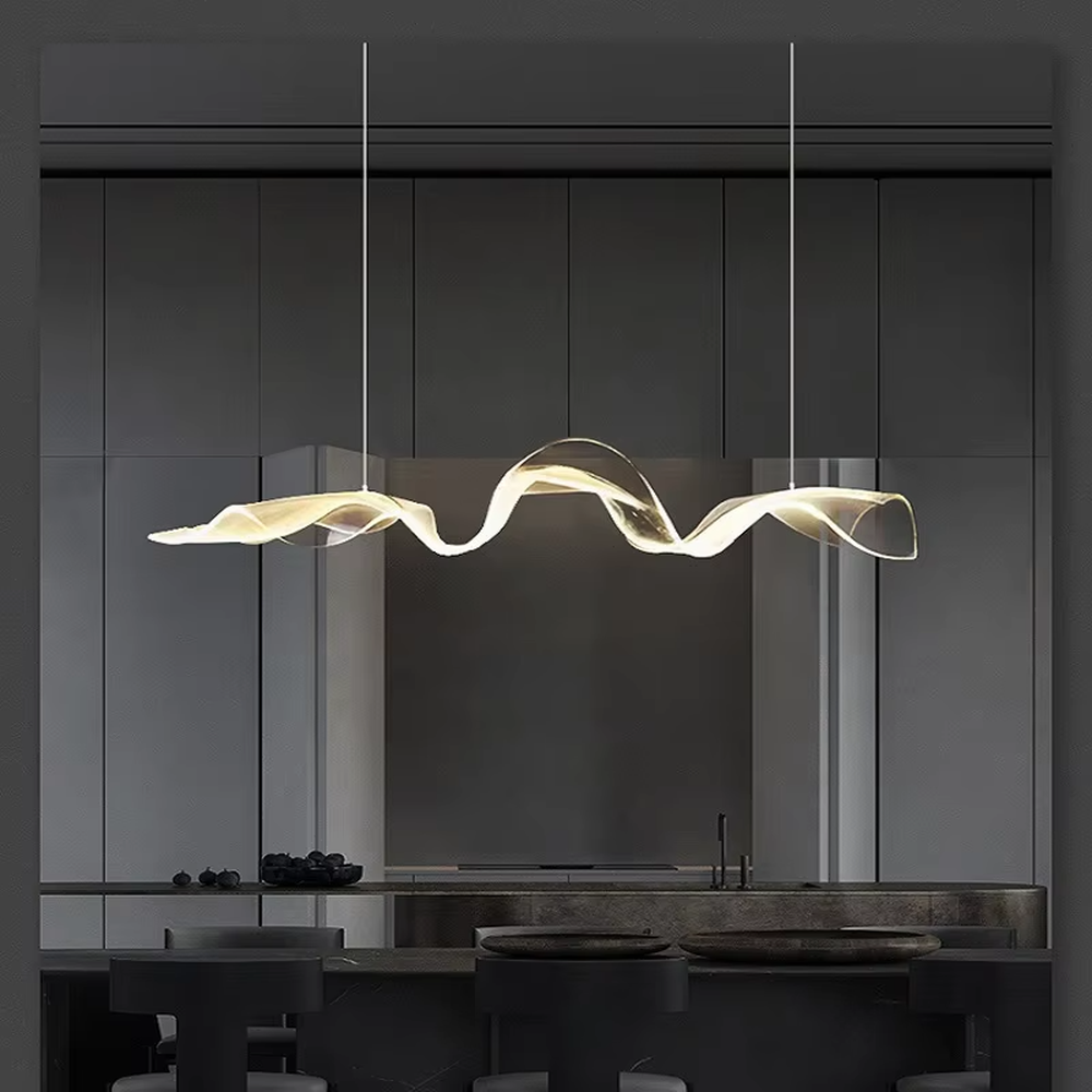 This is a modern art-style wavy suspended chandelier, made of white light-transmitting panels to create a dynamic undulating wave shape, with both decorative and lighting functions, ideal for commercial spaces such as front desks and reception areas.