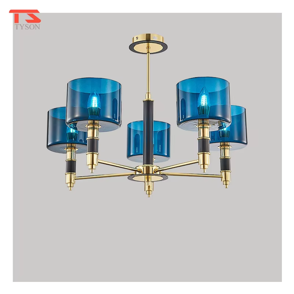 Modern light luxury black-gold contrasting chandelier, with a golden metal frame paired with black decorations and blue transparent glass lampshades, featuring a minimalist and elegant shape, combining decorative and lighting functions, suitable for living rooms, dining rooms, high-end clubs and other modern style spaces.