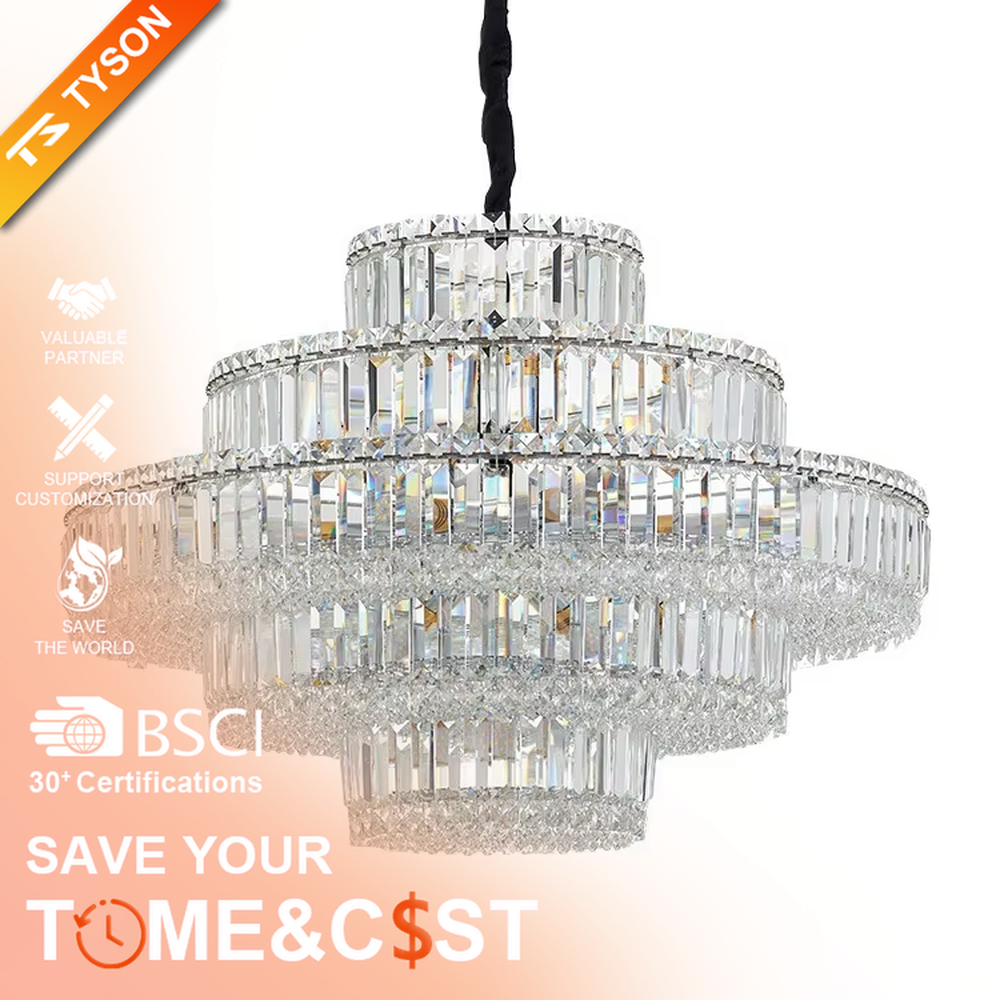 This is a luxurious multi-layer pagoda-shaped crystal chandelier, supported by a gold metal frame with high-transparency crystal strips, creating a brilliant and dazzling light effect through staggered layers, with both decorative and lighting functions, ideal for high-end indoor spaces such as villa living rooms and hotel lobbies.