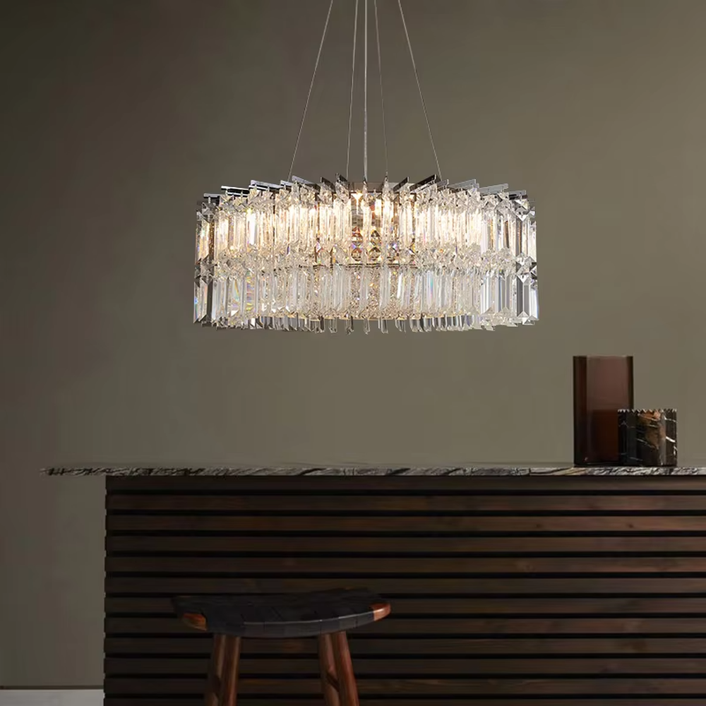 Modern light luxury rectangular multi-layer crystal chandelier, with a metal frame and layered transparent crystal strips, featuring bright and soft light, combining decorative and lighting functions, suitable for dining rooms, living rooms, high-end clubs and other modern style spaces.