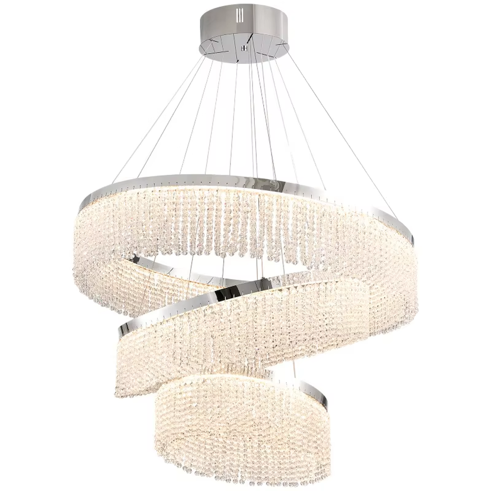 Modern light luxury three-layer spiral ring crystal chandelier, composed of dense crystal particles and silver metal frames in a staggered spiral structure, emitting brilliant and soft light, combining artistic decorativeness and lighting function, suitable for core lighting and atmosphere creation in living rooms, dining rooms, villa high-ceiling spaces, etc.